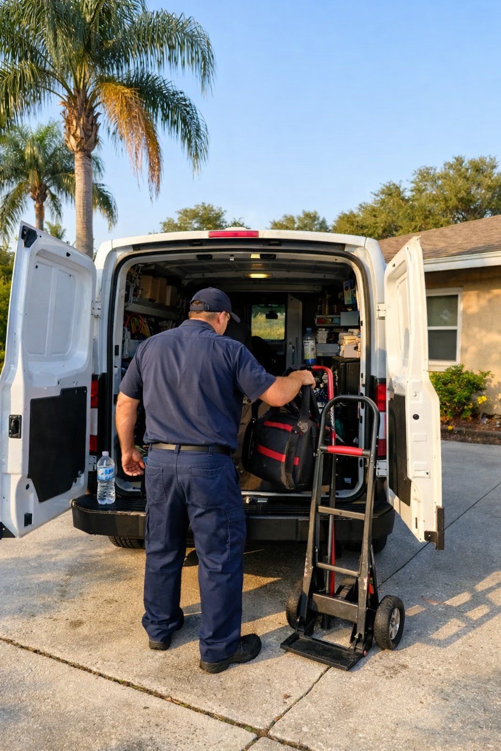 Clearwater Appliance technician loading service van at a Clearwater home — ready for your repair